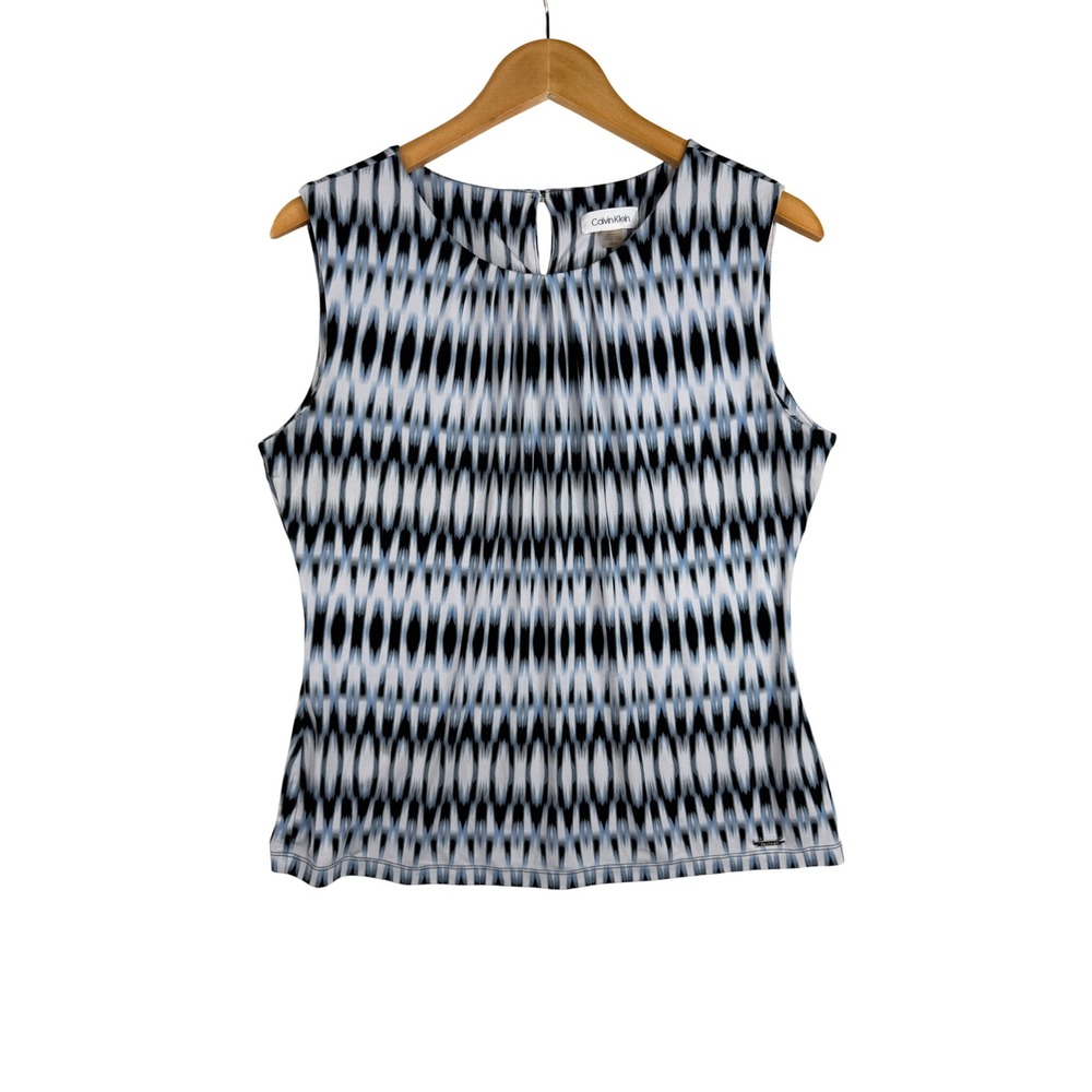 Calvin Klein Women Ikat Print Pleated Sleeveless Top size Large Black/Blue/White